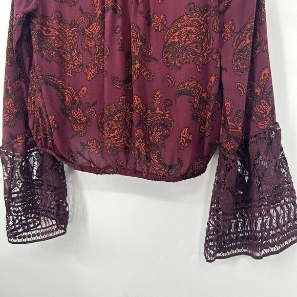 Sun & Shadow Burgundy Drape Front Crop Top Long Crochet Bell Sleeves Size XS - Picture 8 of 10